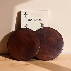 Earrings Brown Bohemian Geometric Wood Large Hoop Dangle 2.5" Retro Hook